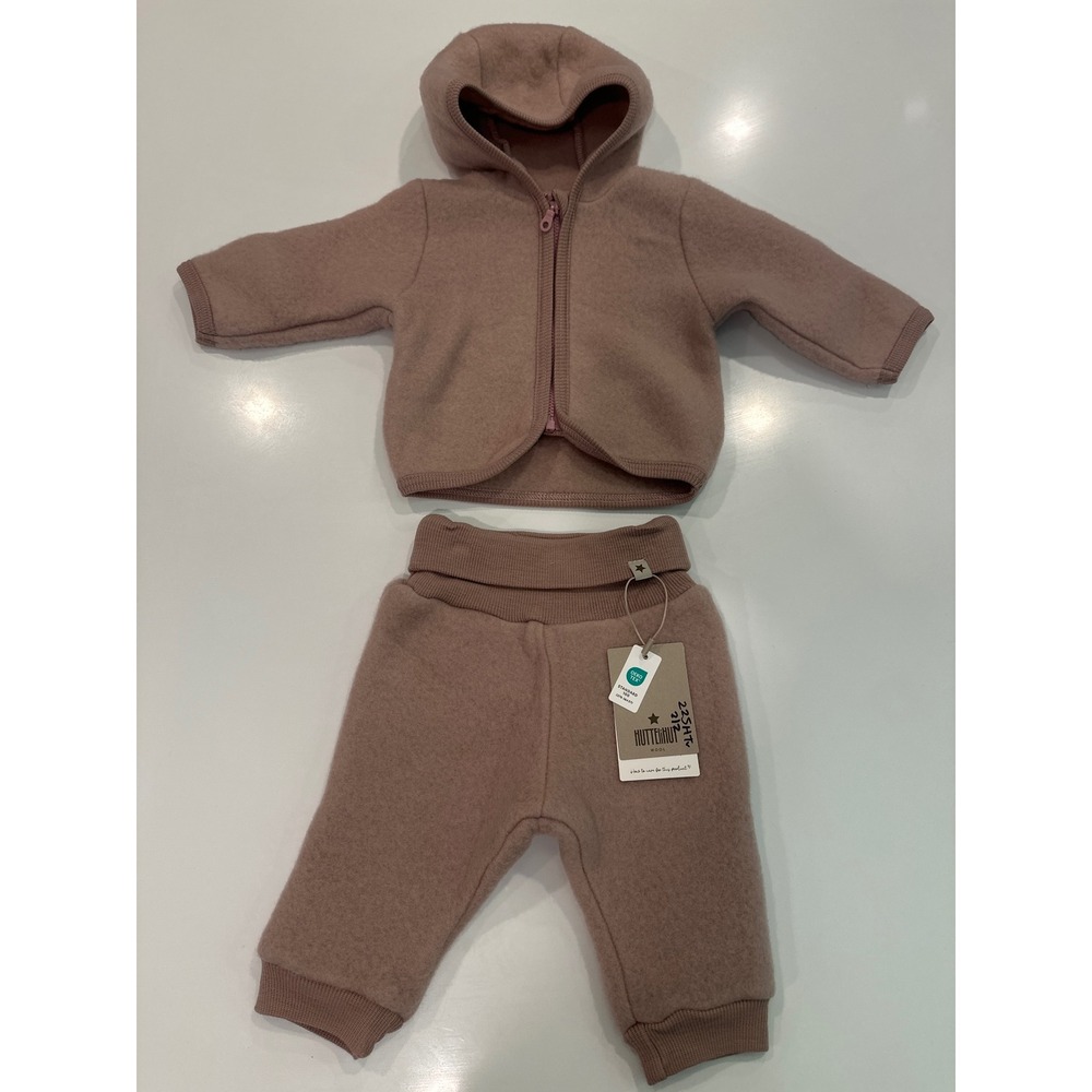 Huttelihut Kids 100% Wool Fleece Hooded Jacket and Pants Dusty Rose 0-3m NEW